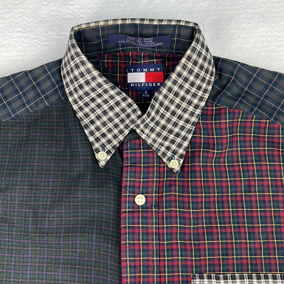 VTG Tommy Hilfiger Plaid Patchwork Color Block Tartan Small Long Sleeve Shirt - Picture 5 of 13